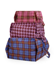 BAGGU 3D Zip Set front view showing three check mix pouches, organizes belongings