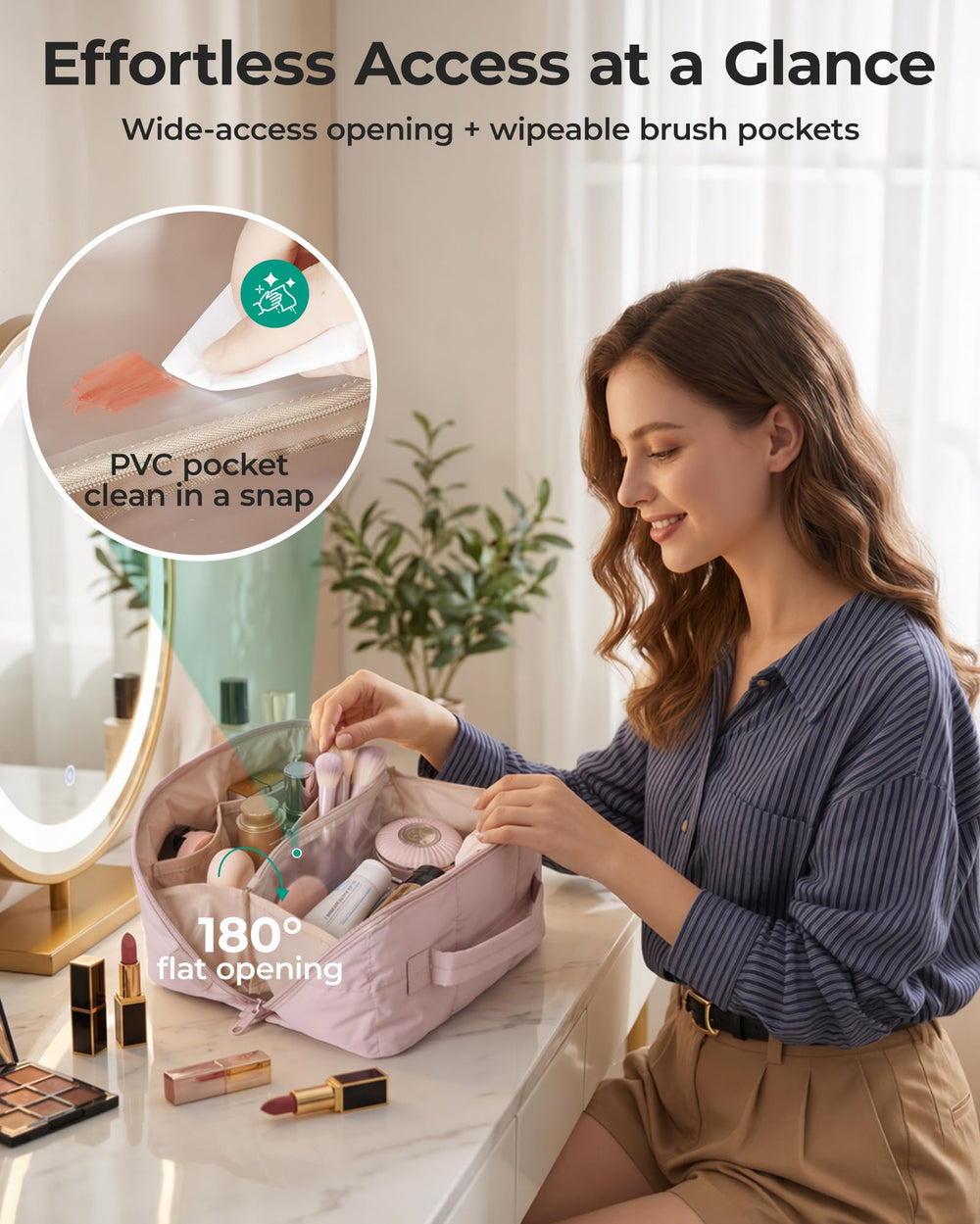 BAGSMART close-up of wipeable brush pocket protecting bristles