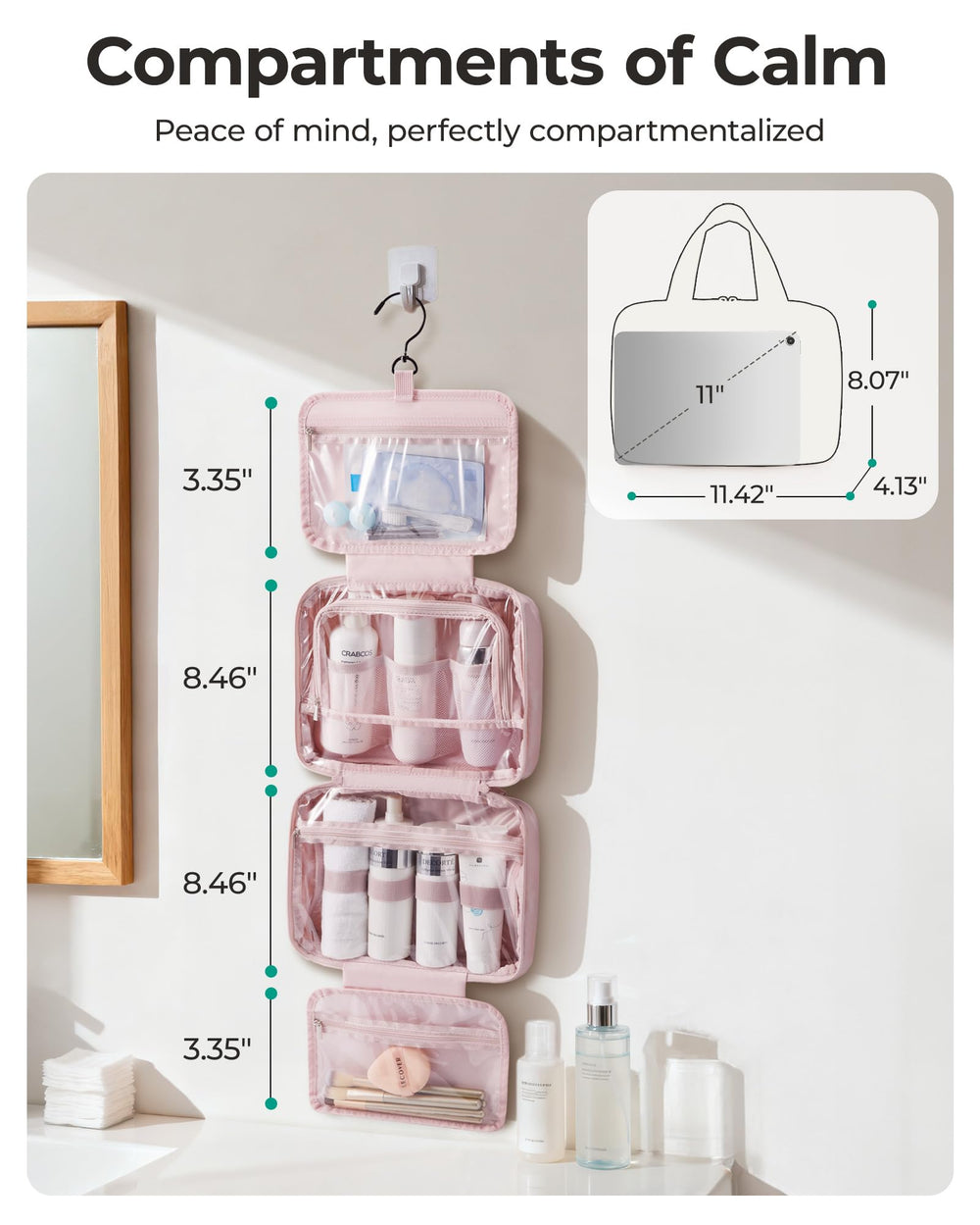 BAGSMART camel open layout displaying organized compartments and clear window