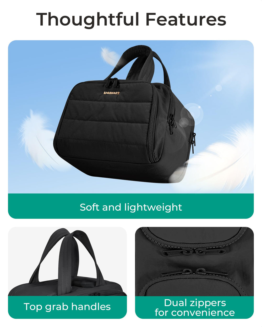 BAGSMART center compartment with upright bottles prevents spills benefit