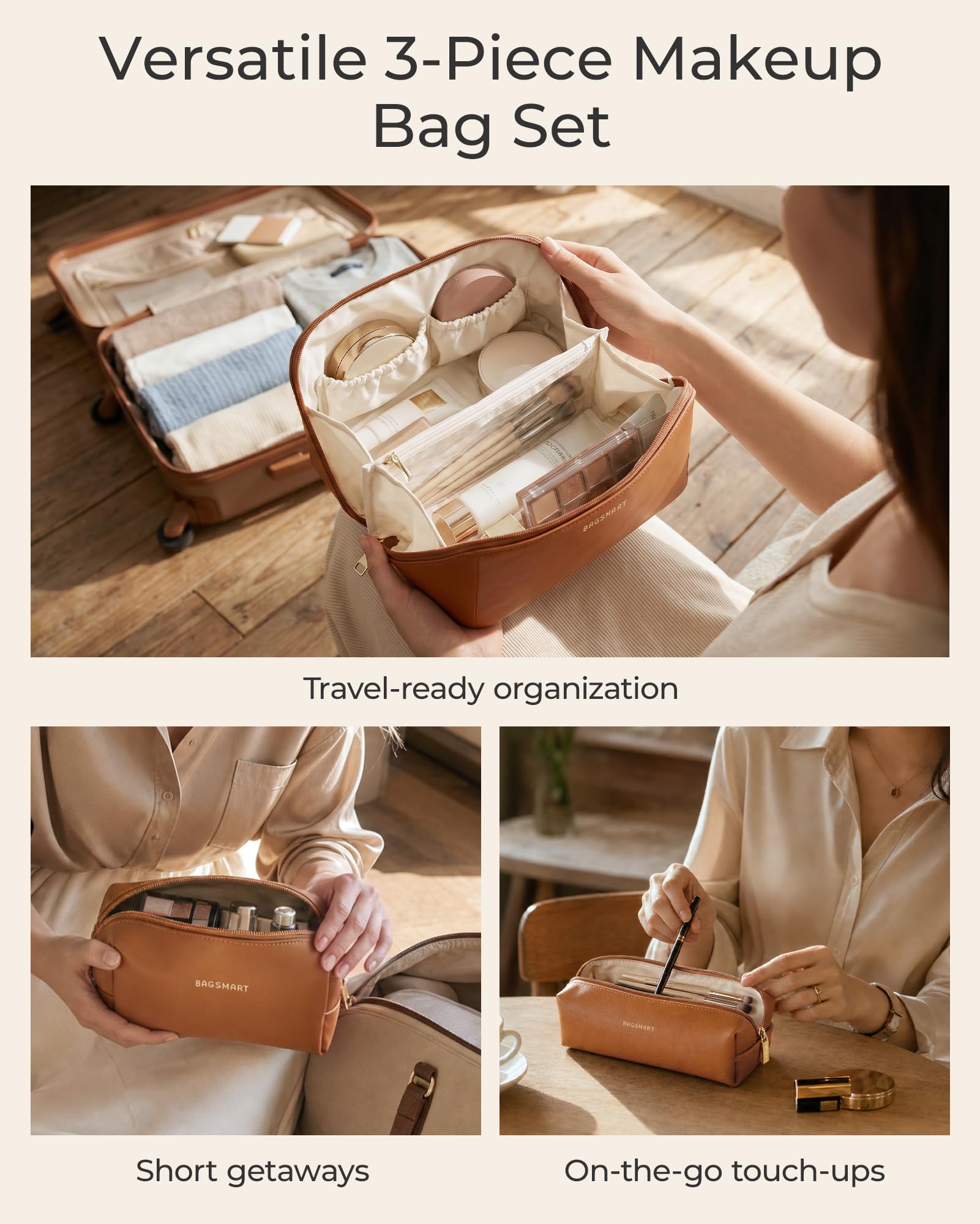 BAGSMART medium pouch filled with brushes and compact showing organized storage