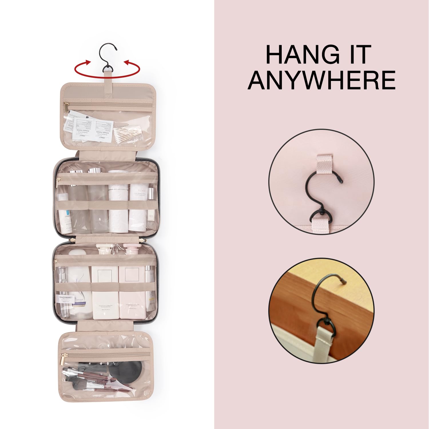 BAGSMART open main compartment displaying organized full-size bottles benefit