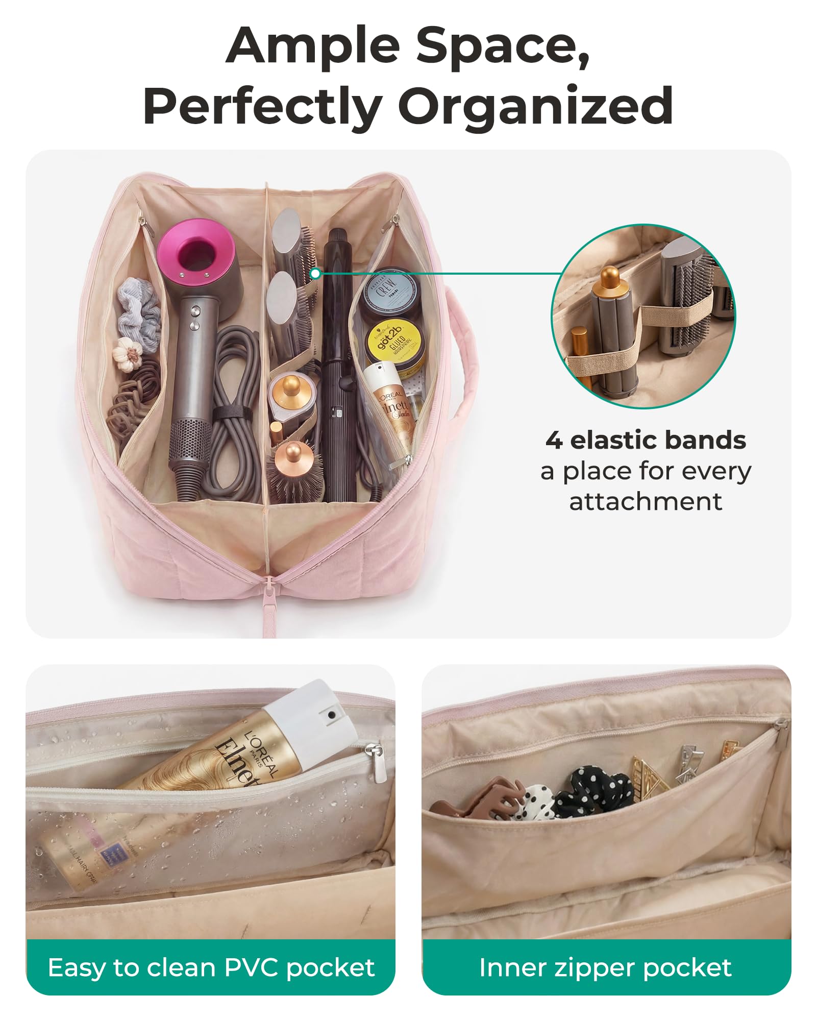 BAGSMART elastic straps and compartments keeping attachments secure and tangle-free benefit