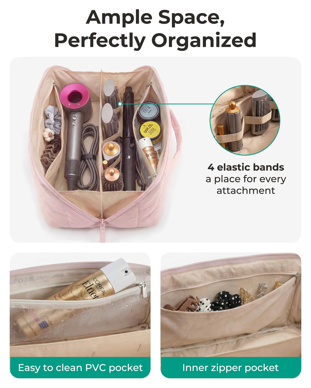 BAGSMART elastic straps and compartments keeping attachments secure and tangle-free benefit