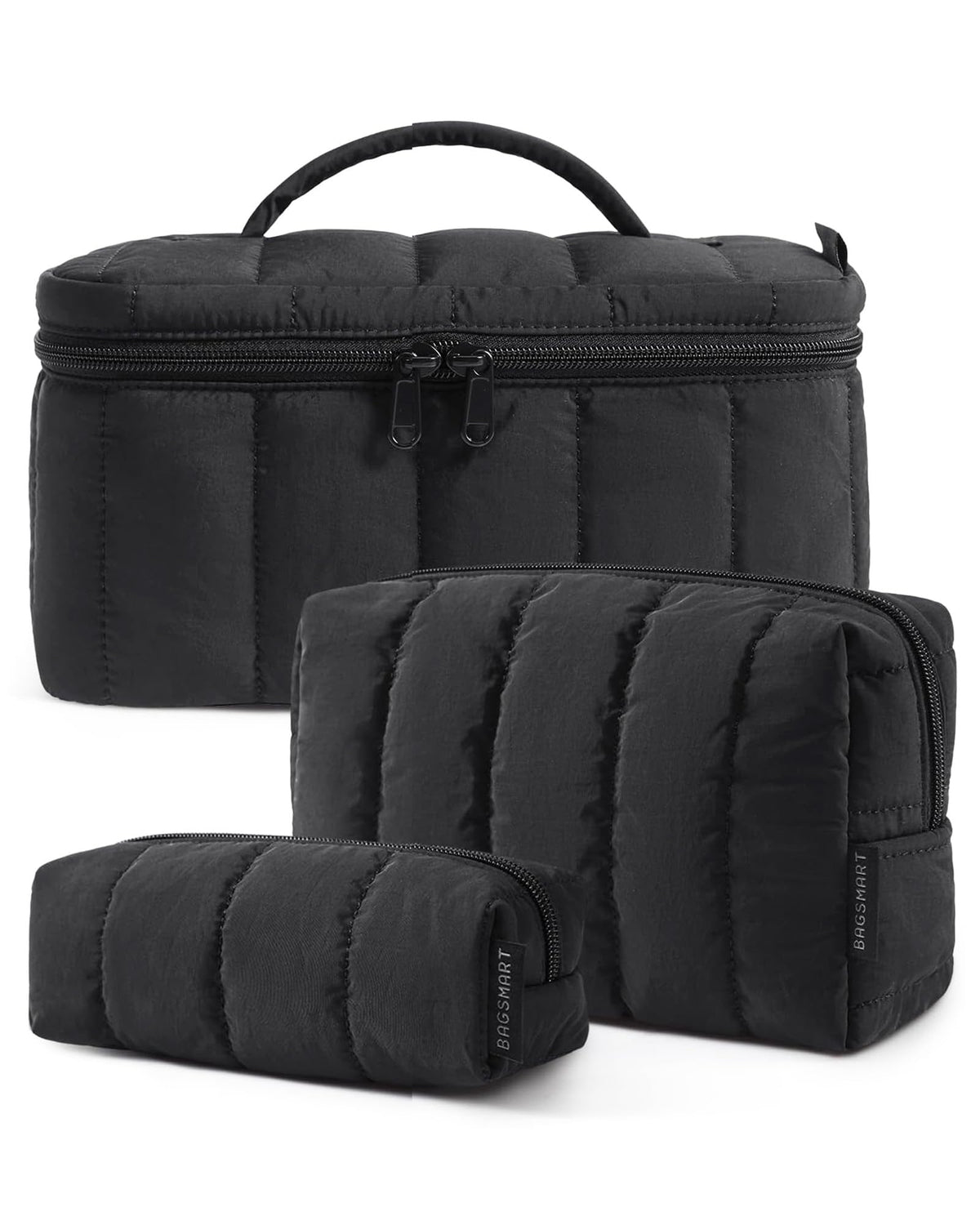 BAGSMART front view of black three-piece travel makeup bag set, stylish organization
