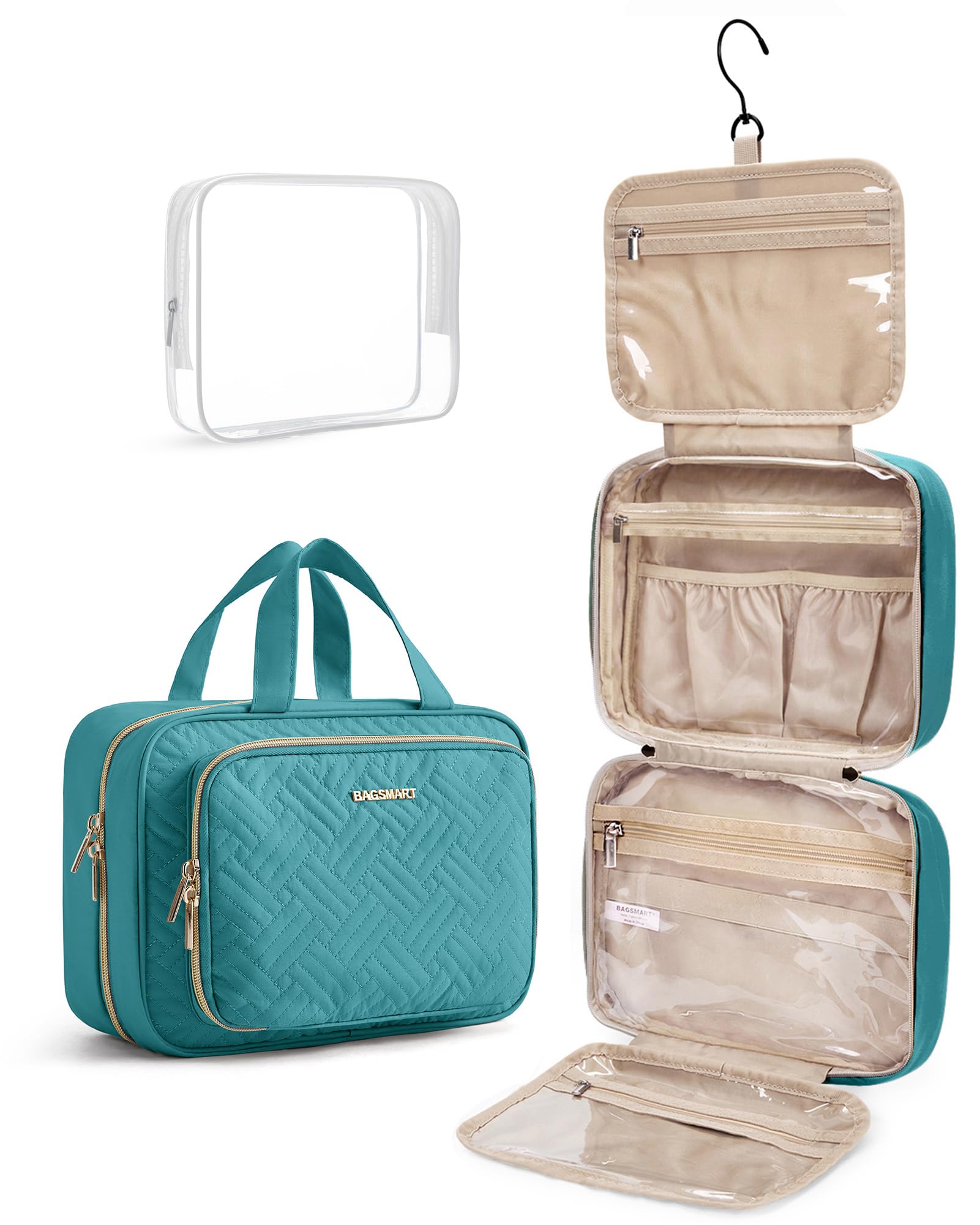 BAGSMART front view of medium-blue hanging toiletry bag showing neat packing benefit