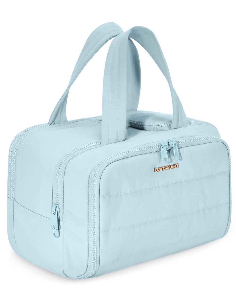 BAGSMART front view showing blue puffy toiletry bag and handle for easy carrying