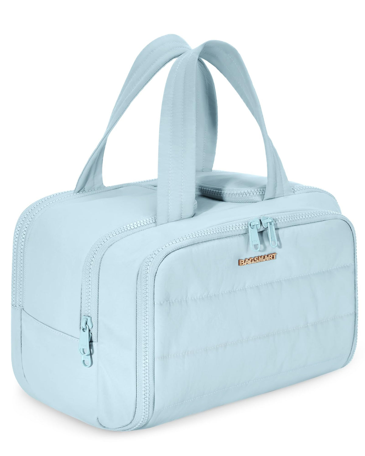 BAGSMART front view showing blue puffy toiletry bag and handle for easy carrying