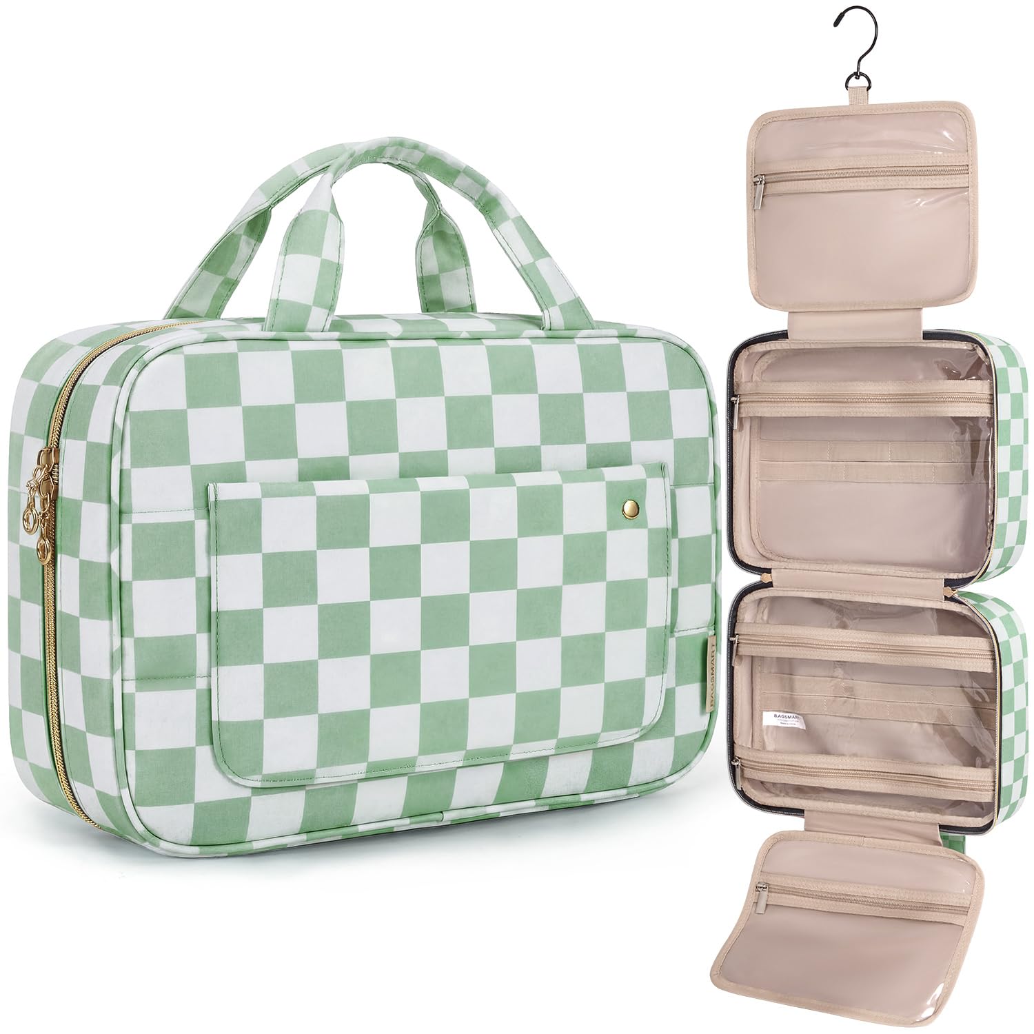 BAGSMART front view green checkerboard showing neat exterior and zipper benefit
