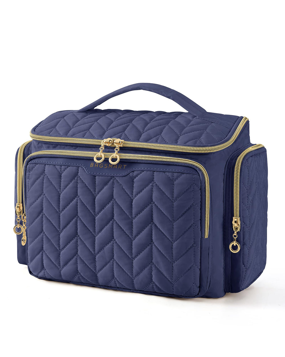 BAGSMART front view of navy toiletry bag showing compact organized silhouette and benefit