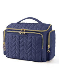 BAGSMART front view of navy toiletry bag showing compact organized silhouette and benefit