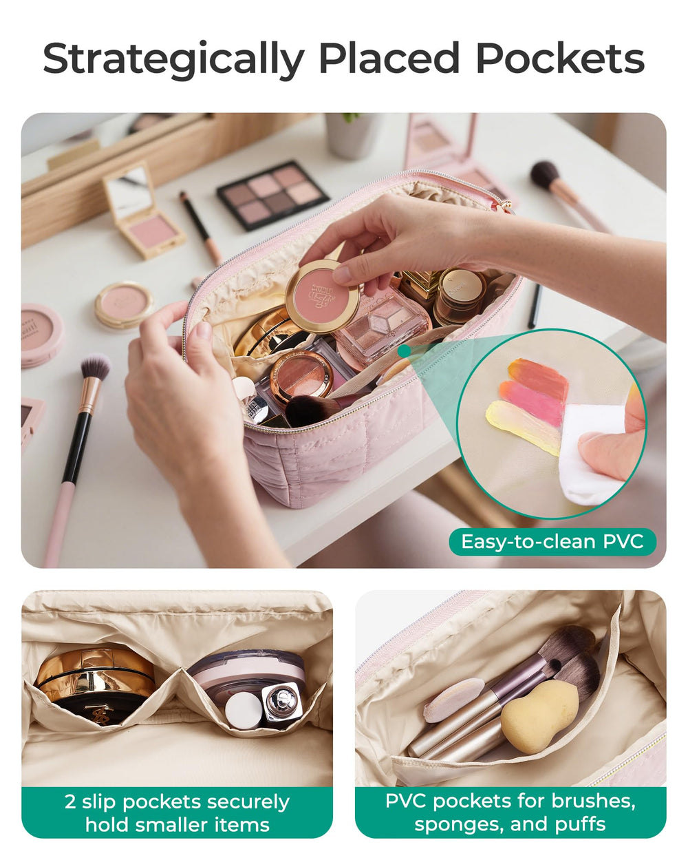 BAGSMART interior wide open displaying organized cosmetics for quick retrieval