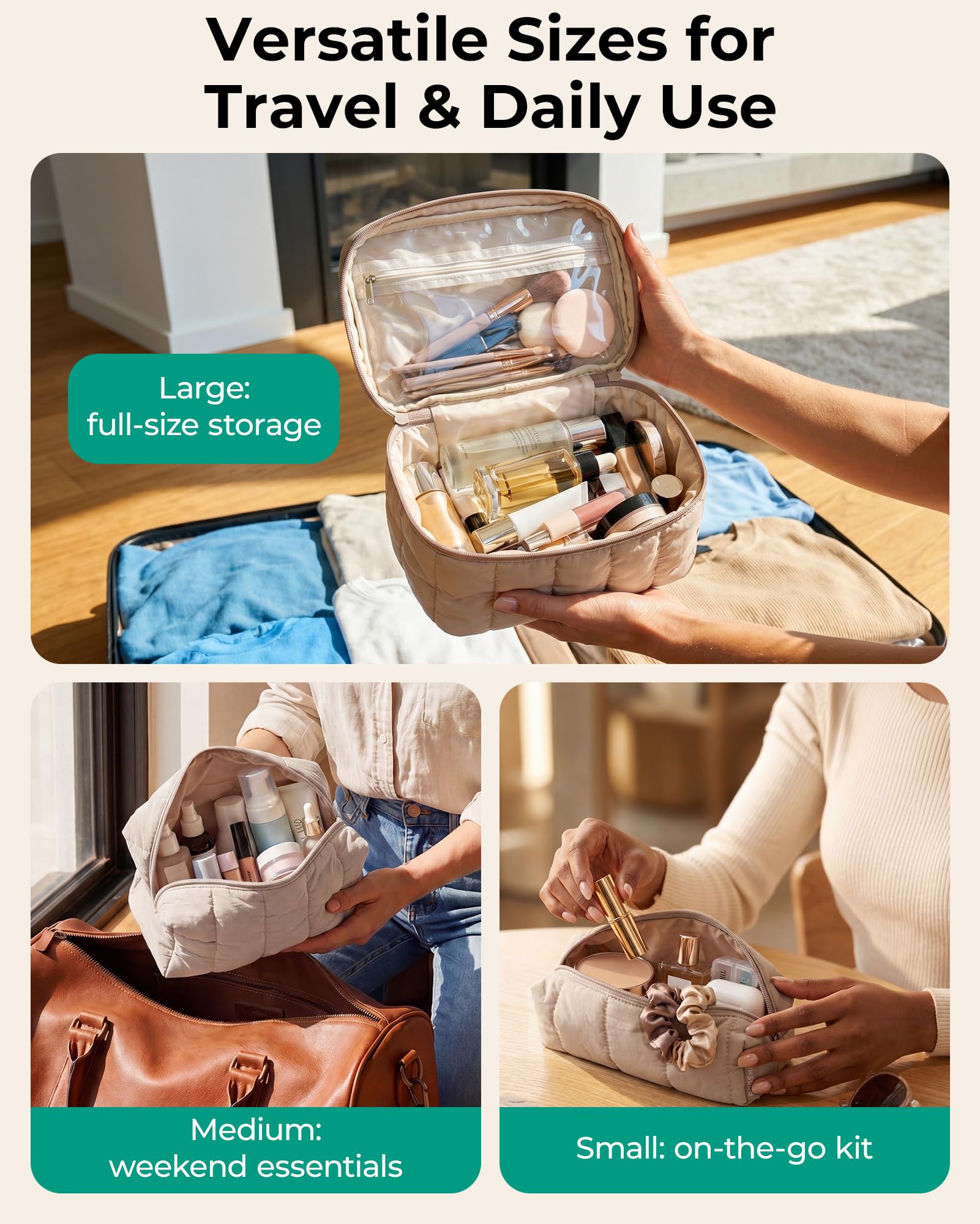 BAGSMART large pouch filled with bottles showcasing travel organization benefit