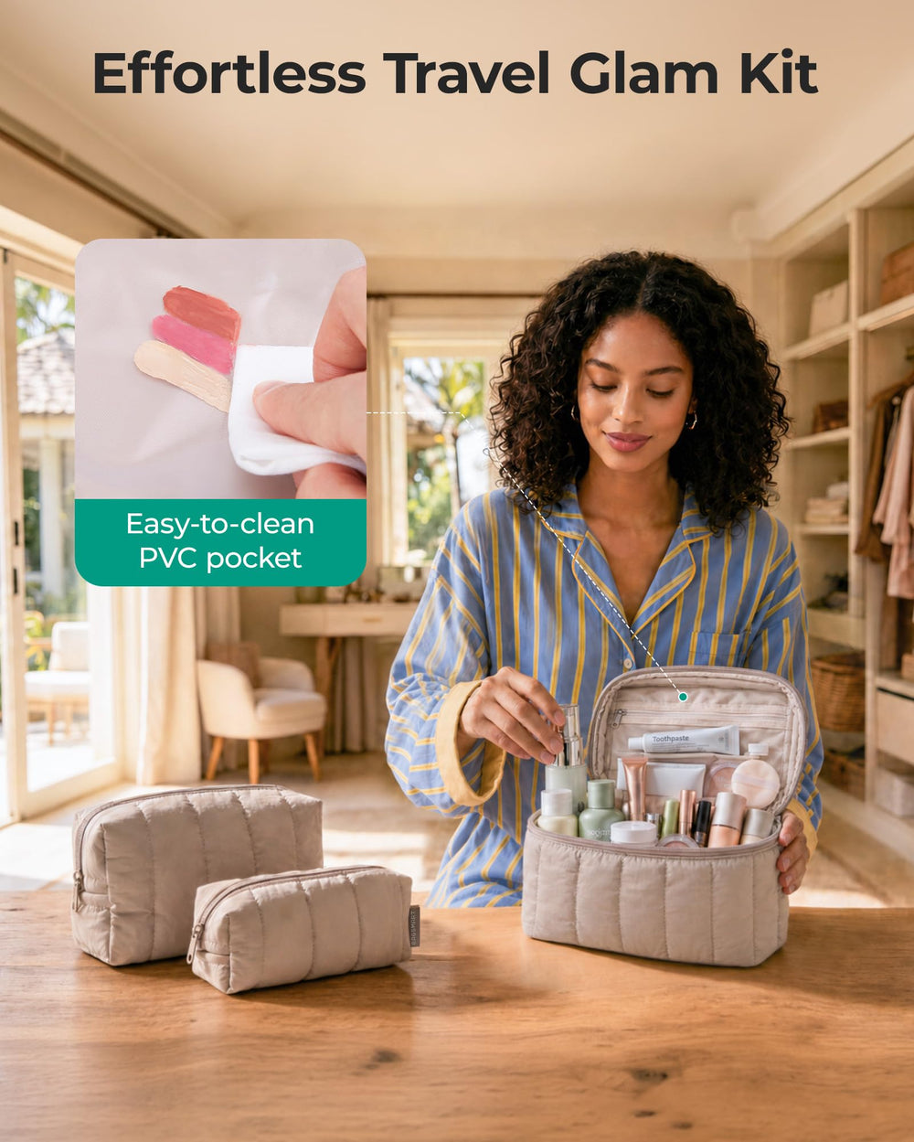 BAGSMART medium pouch open with brushes illustrating easy-access benefit