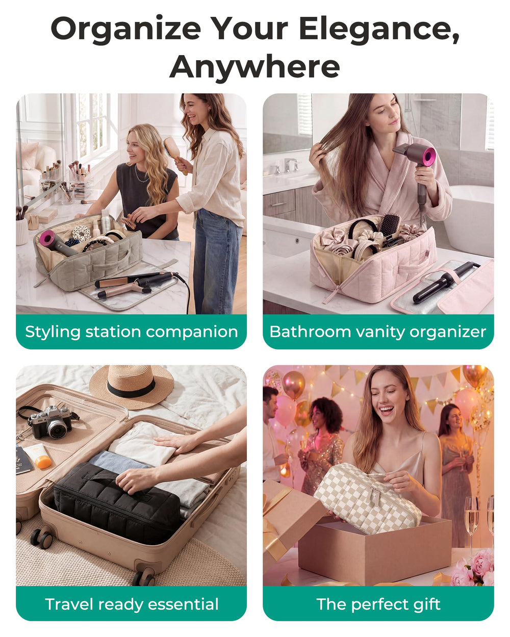 BAGSMART lifestyle on vanity with tools ready to go for organized routine benefit