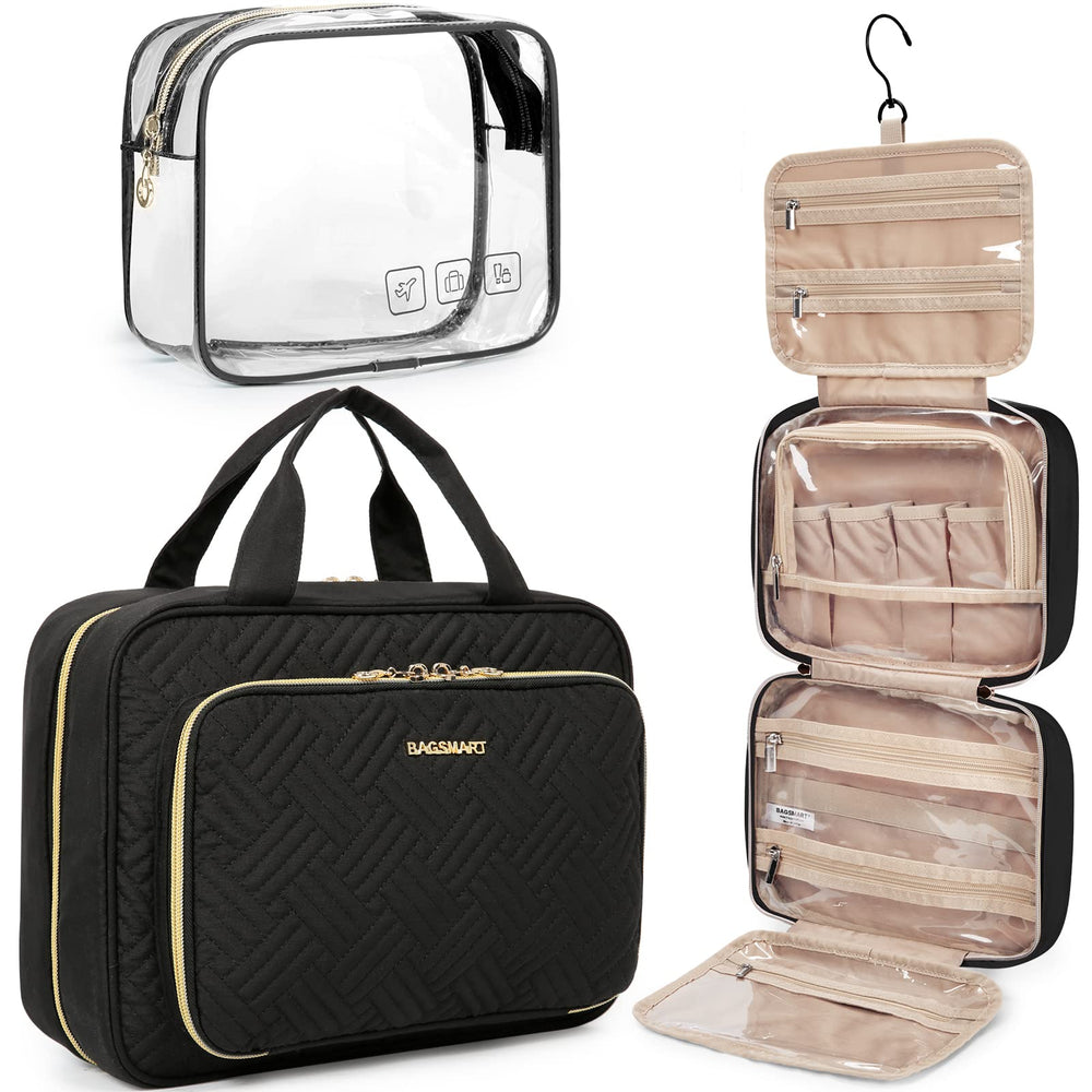 BAGSMART front view of medium black toiletry bag showing compact design and portability