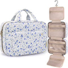 BAGSMART medium front view in blue ditsy floral showing organized compartments and zipped closure