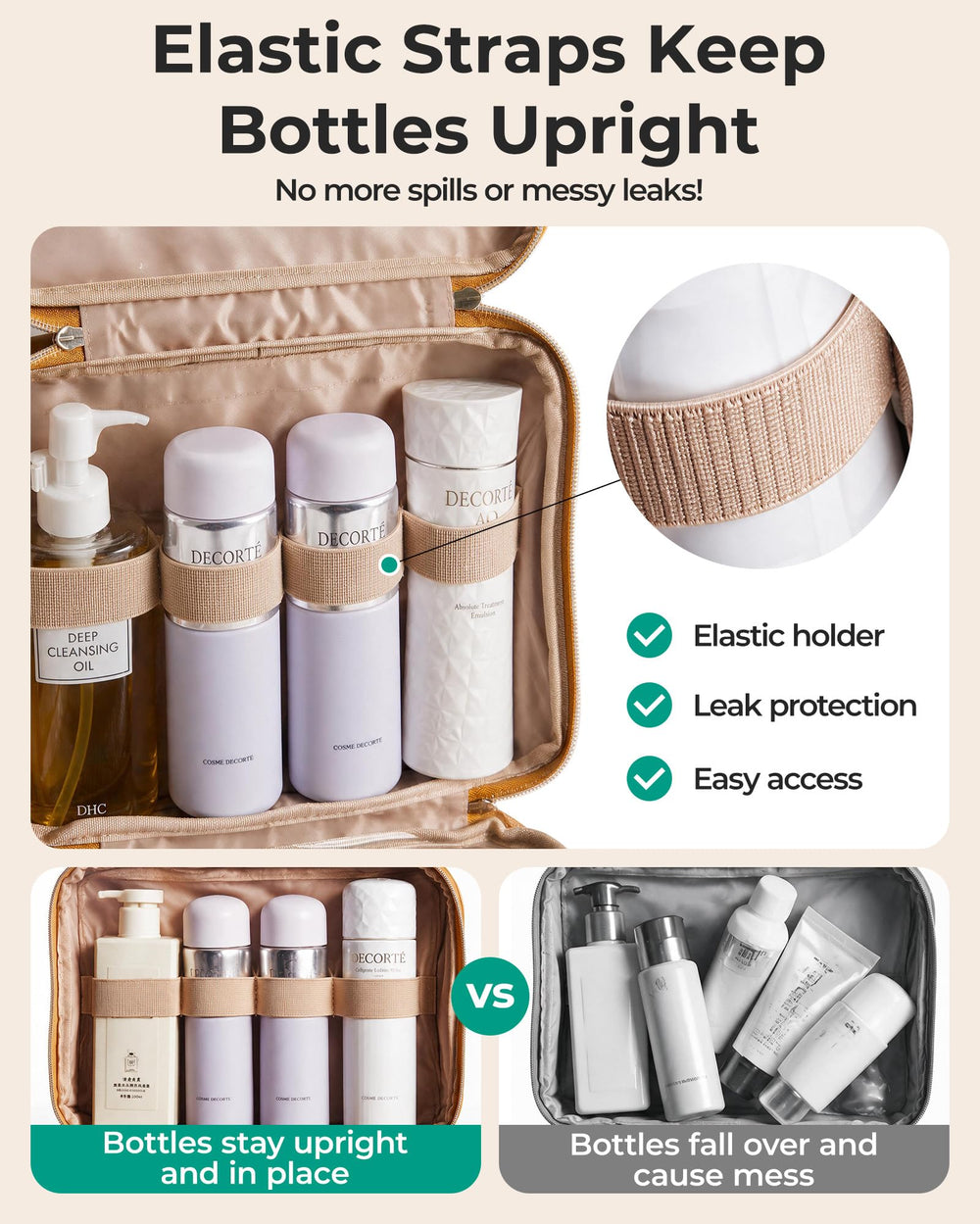 BAGSMART interior elastic straps securing full-size bottles upright