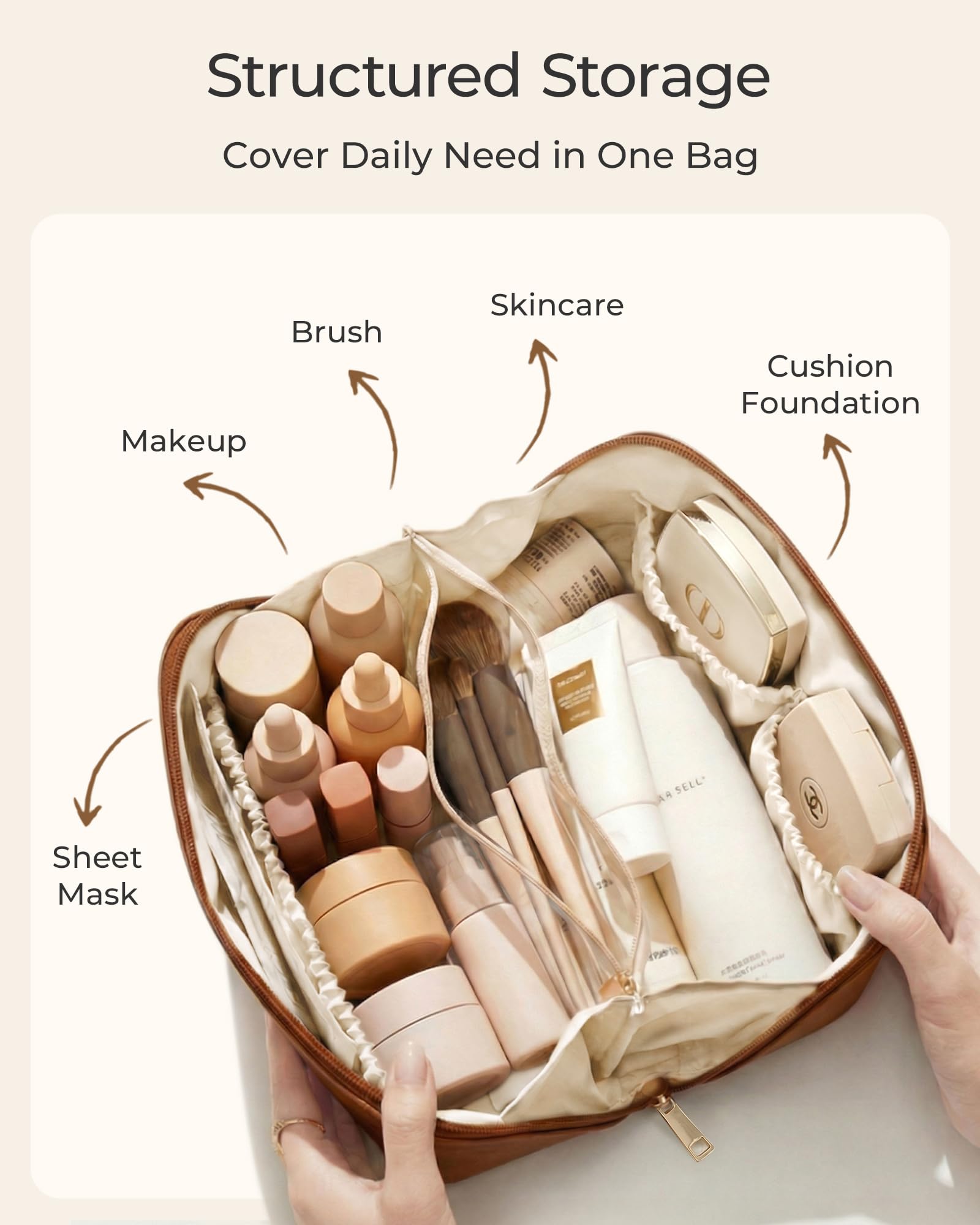 BAGSMART nude pink flat lay open displaying full visibility and fast access