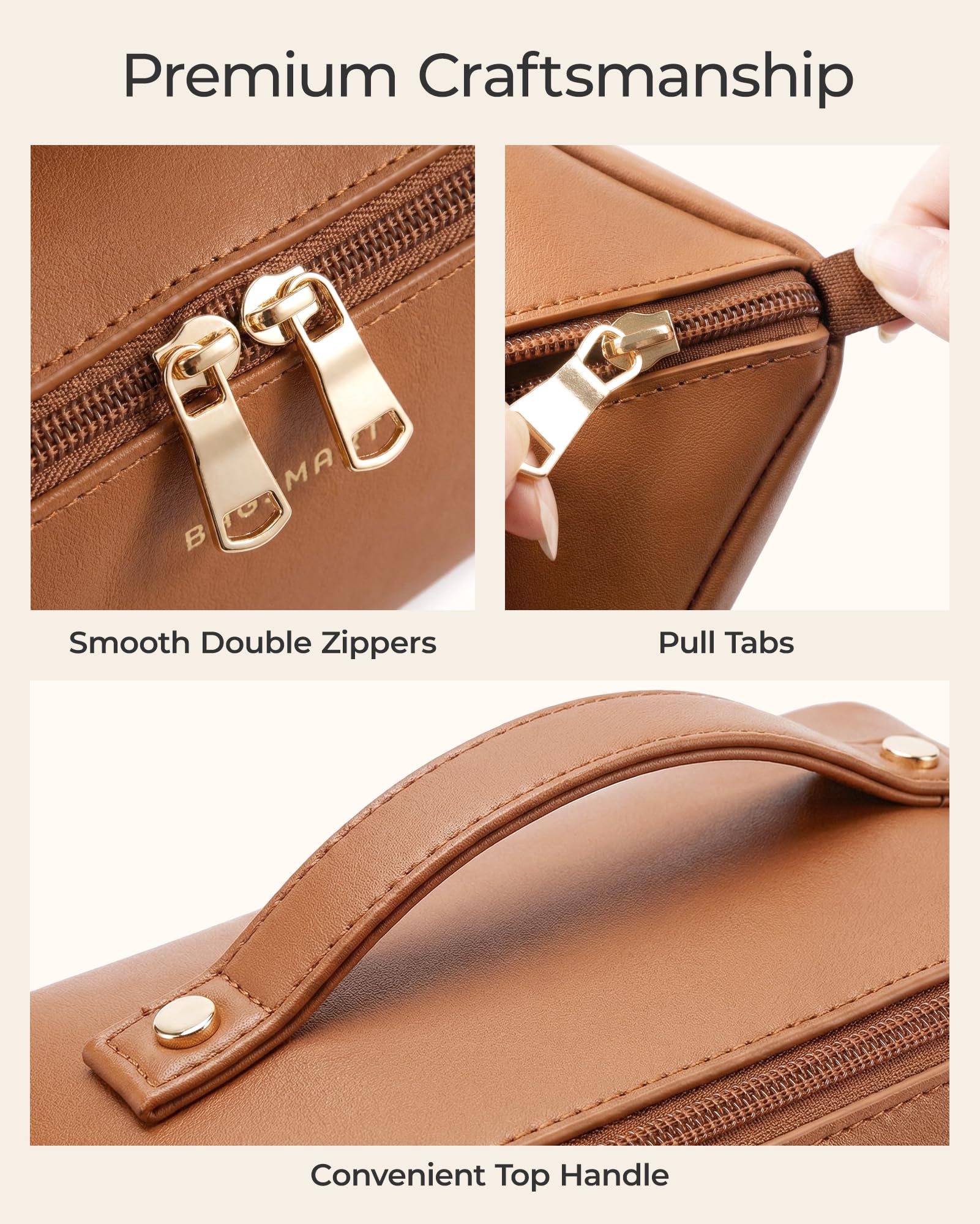 BAGSMART nude pink pouch in use holding makeup and toiletries for travel convenience