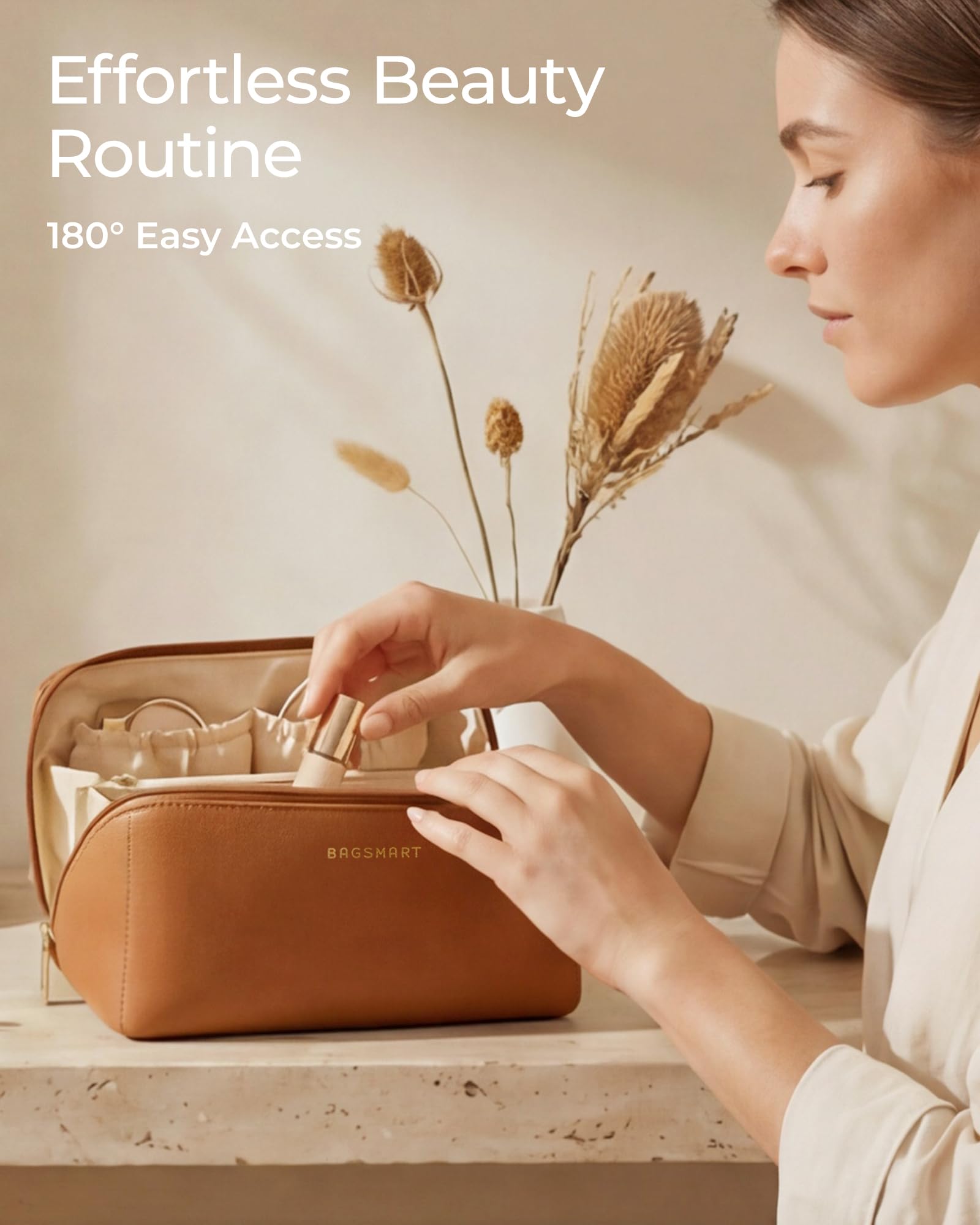 BAGSMART nude pink interior with compartments keeping cosmetics neatly organized