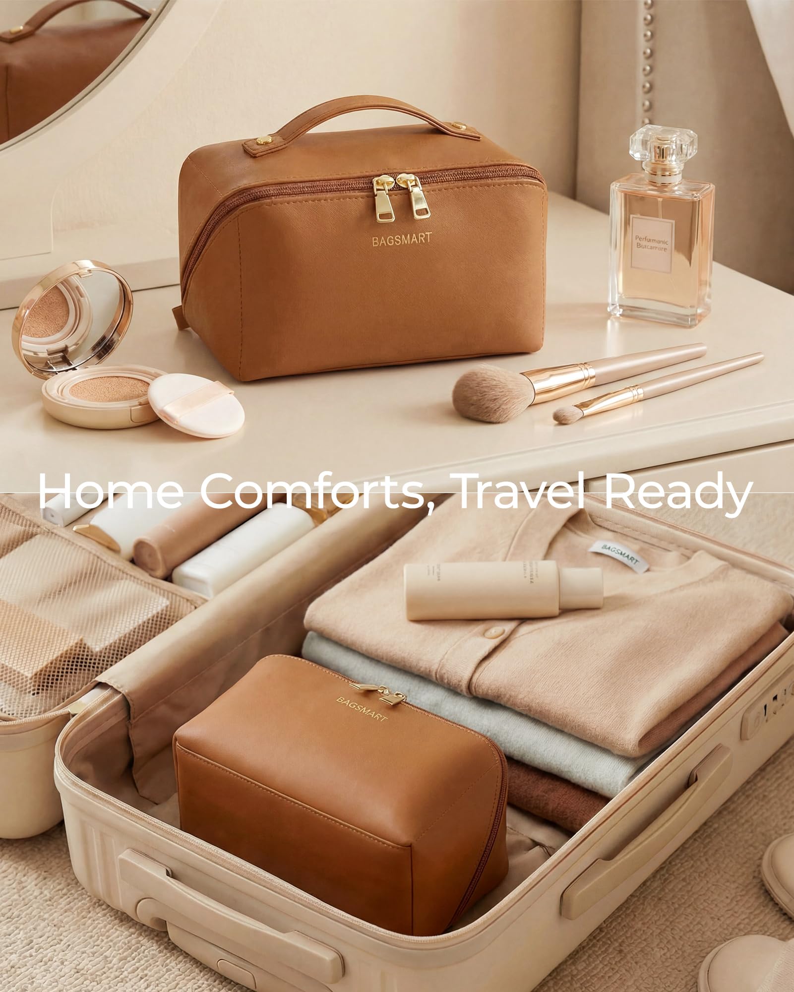 BAGSMART nude pink next to a hand to show size and easy portability
