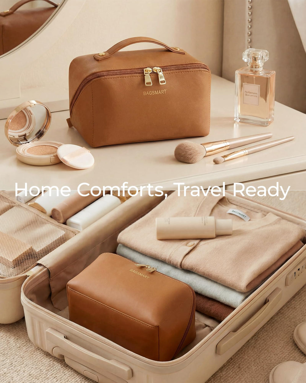 BAGSMART nude pink next to a hand to show size and easy portability