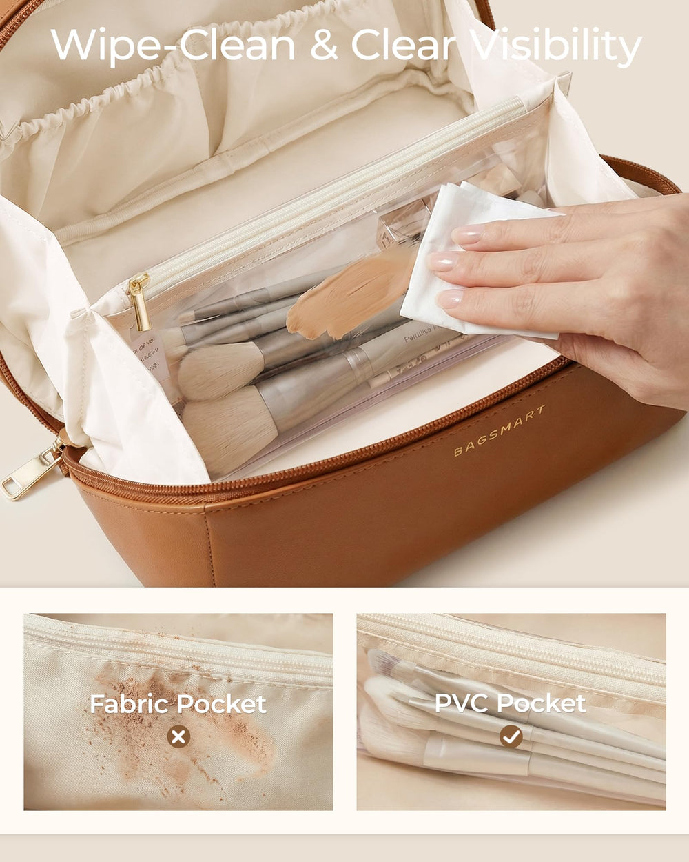 BAGSMART nude pink closeup of vegan leather texture to show durability