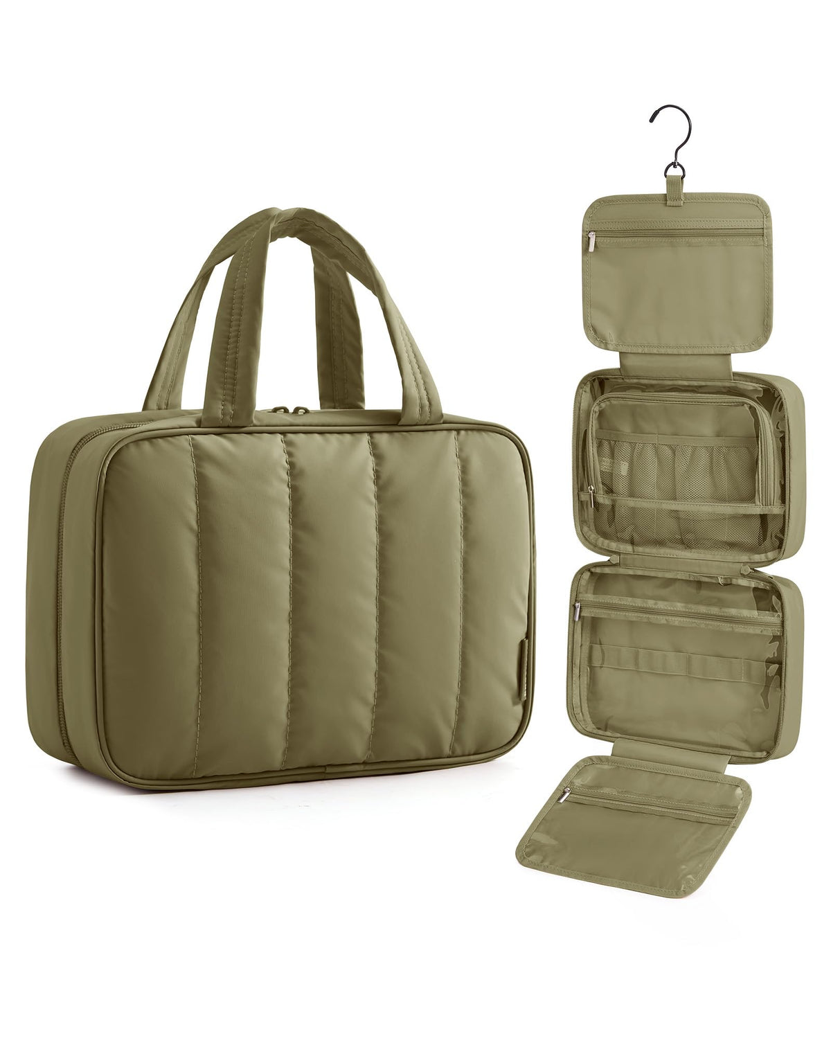 BAGSMART front view showing compact olive green toiletry bag and handle for travel convenience