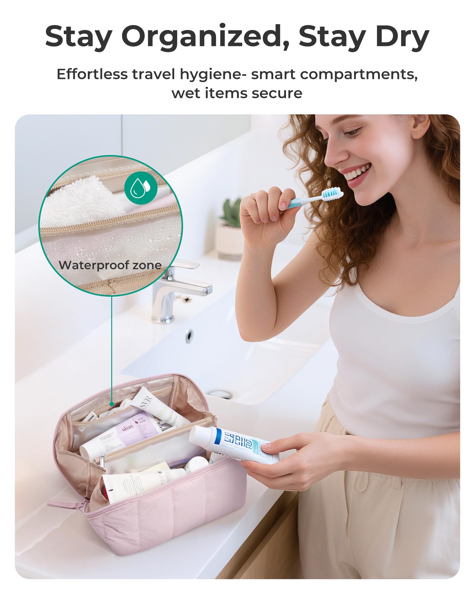 BAGSMART fully open flat layout displaying organized cosmetics for quick access