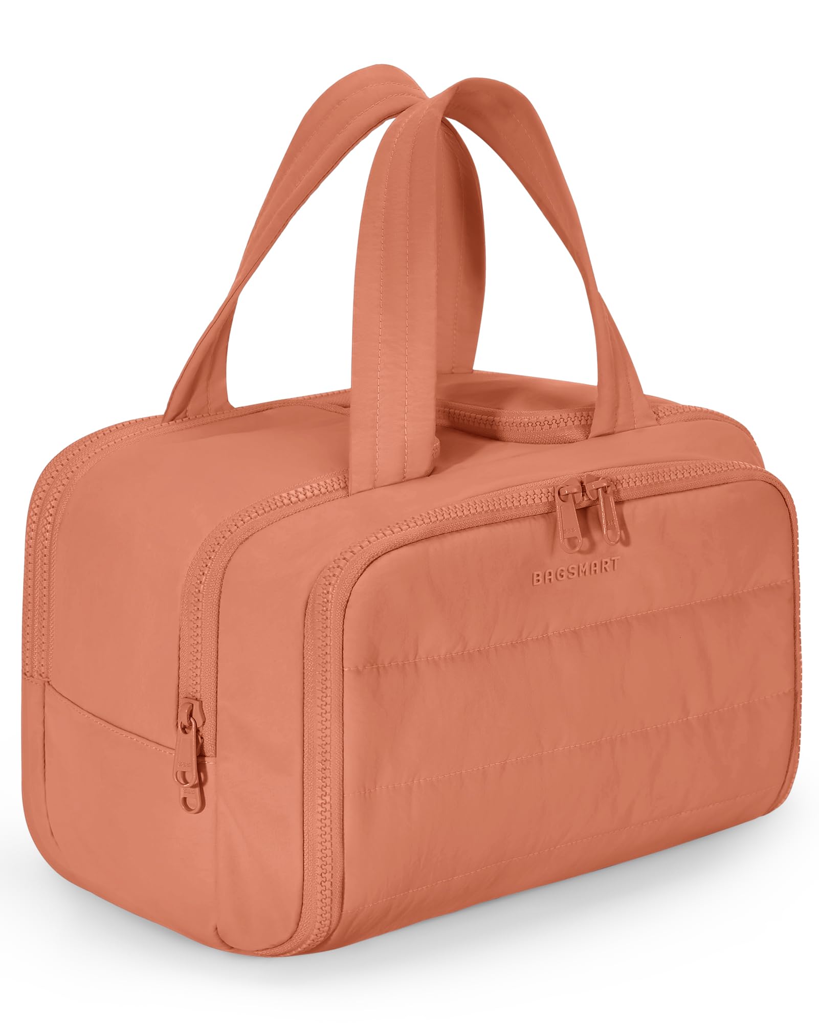 BAGSMART orange toiletry bag front view shows roomy storage and bright color benefit