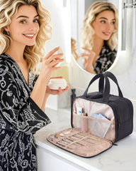 BAGSMART toiletry bag open flat revealing two main compartments for organized packing benefit