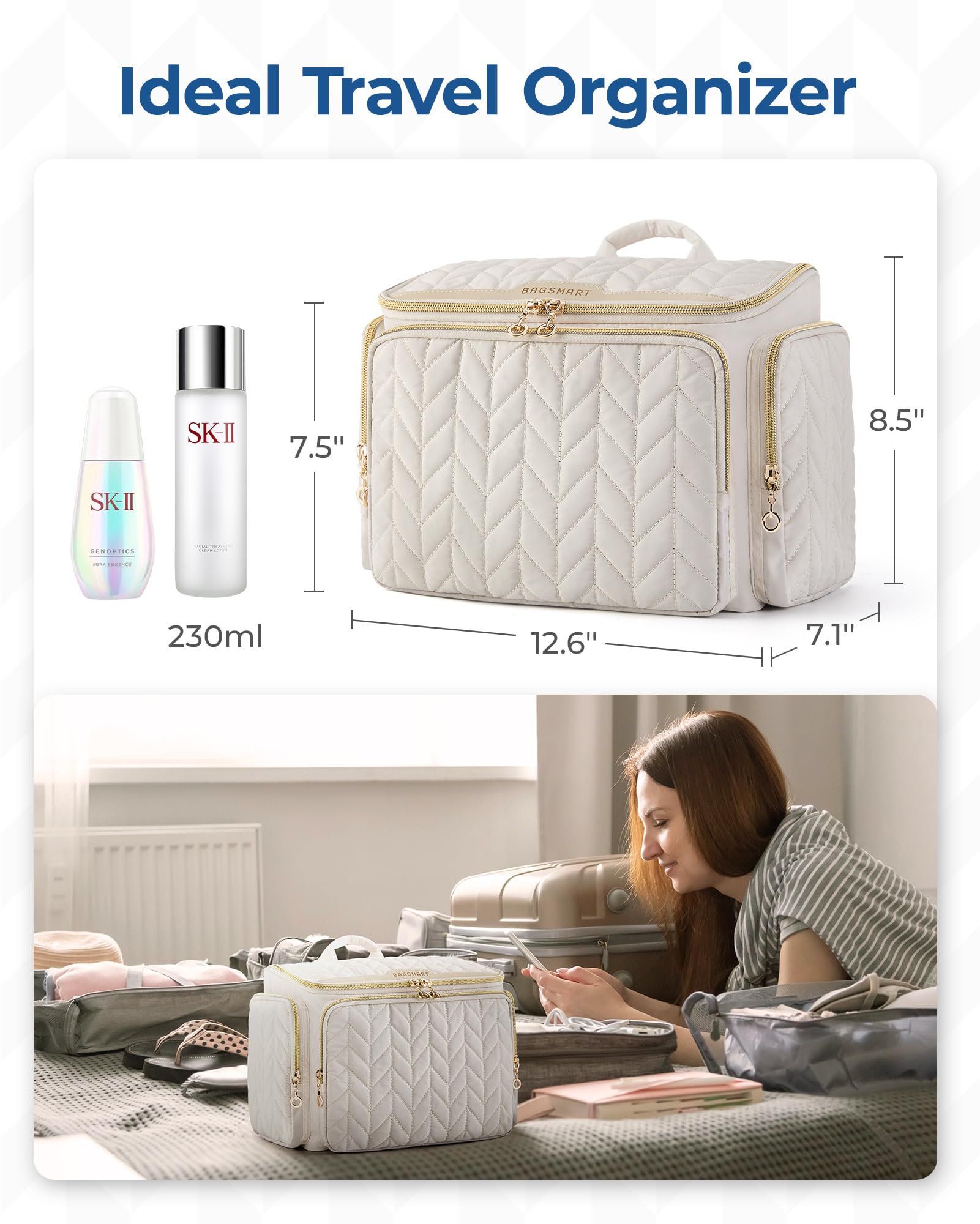 BAGSMART next to travel bottles to show capacity and practical bottle storage
