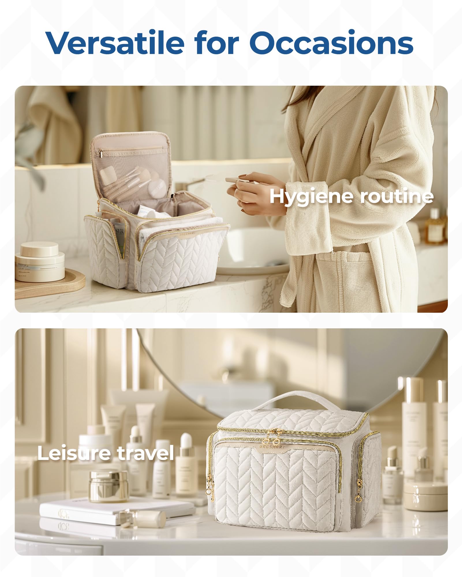 BAGSMART next to toiletries showing scale and generous capacity