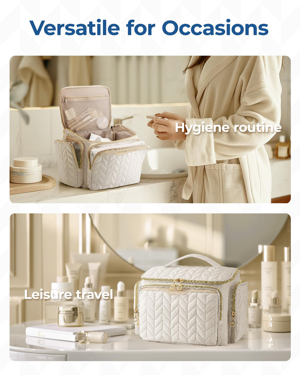 BAGSMART next to toiletries showing scale and generous capacity