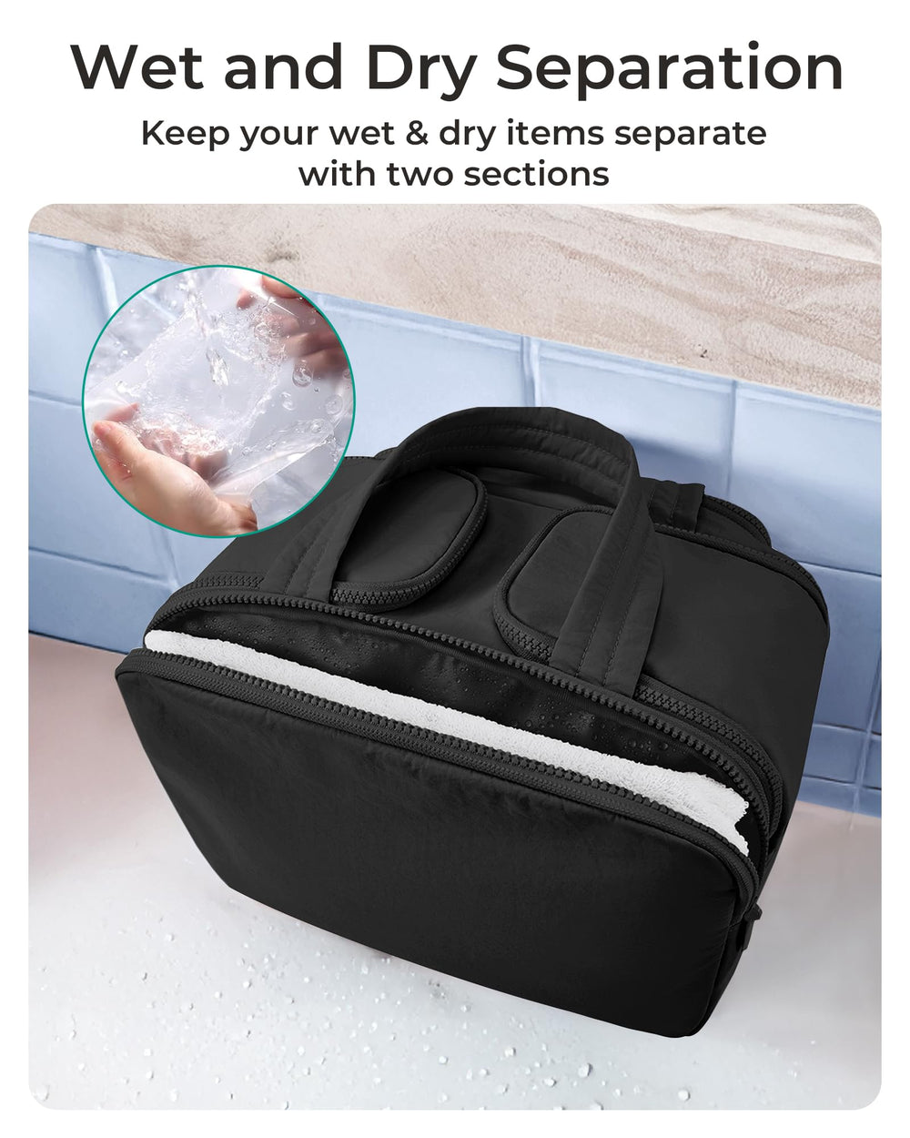 BAGSMART standing bottles inside middle compartment keeps toiletries upright and secure
