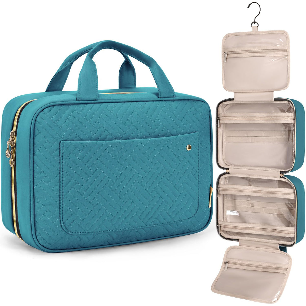 BAGSMART front view showing teal exterior and neat compartments for travel