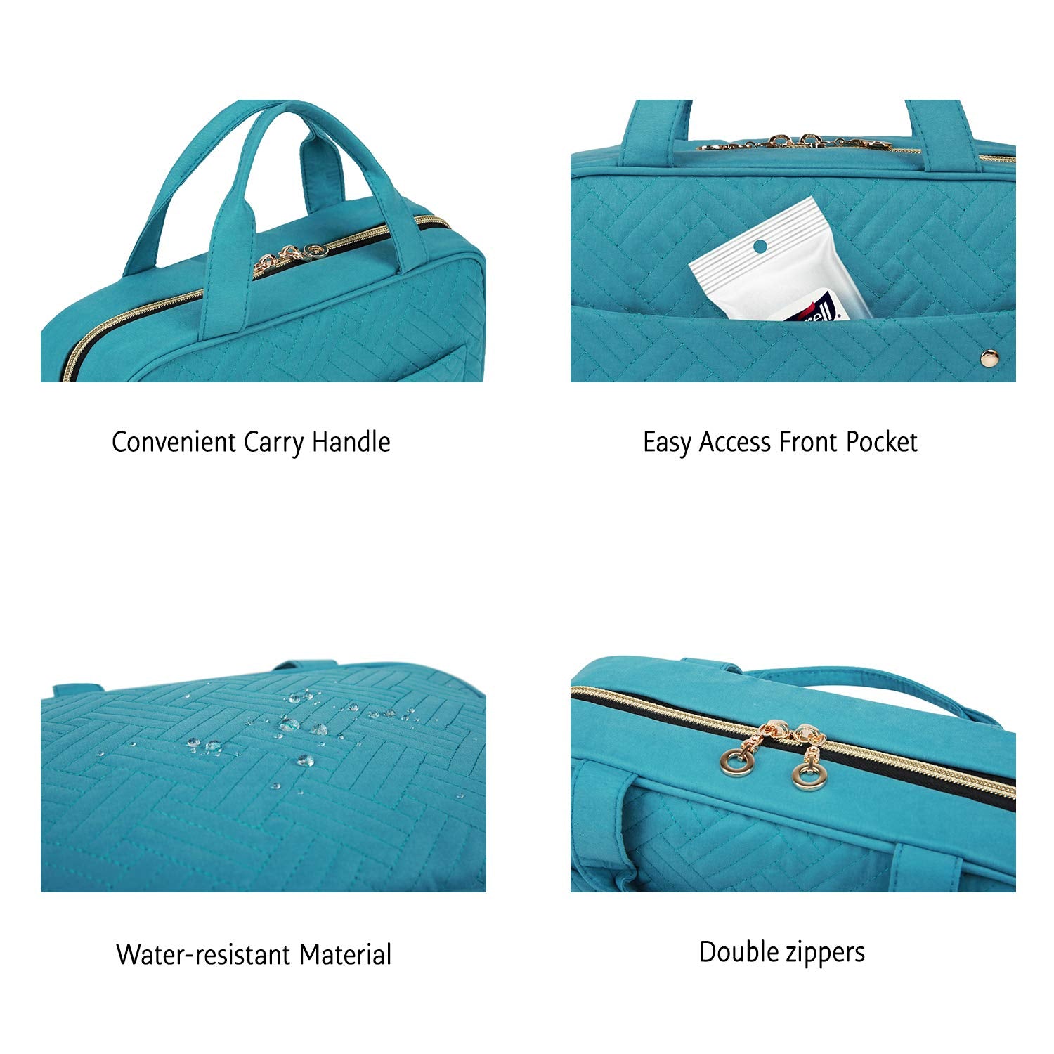 BAGSMART size comparison with toiletries lined up to show capacity and organization