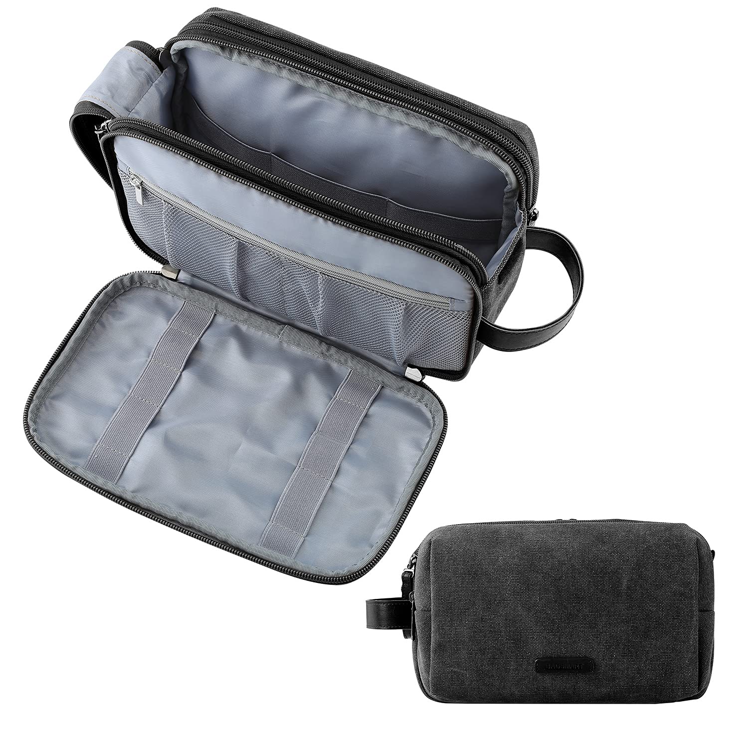 BAGSMART toiletry bag front view showing sleek black canvas and zippered compartments for easy travel