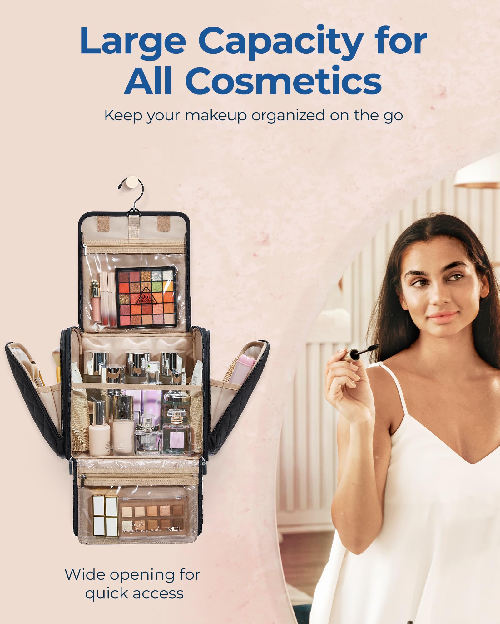 BAGSMART clear pockets displaying cosmetics for easy visibility