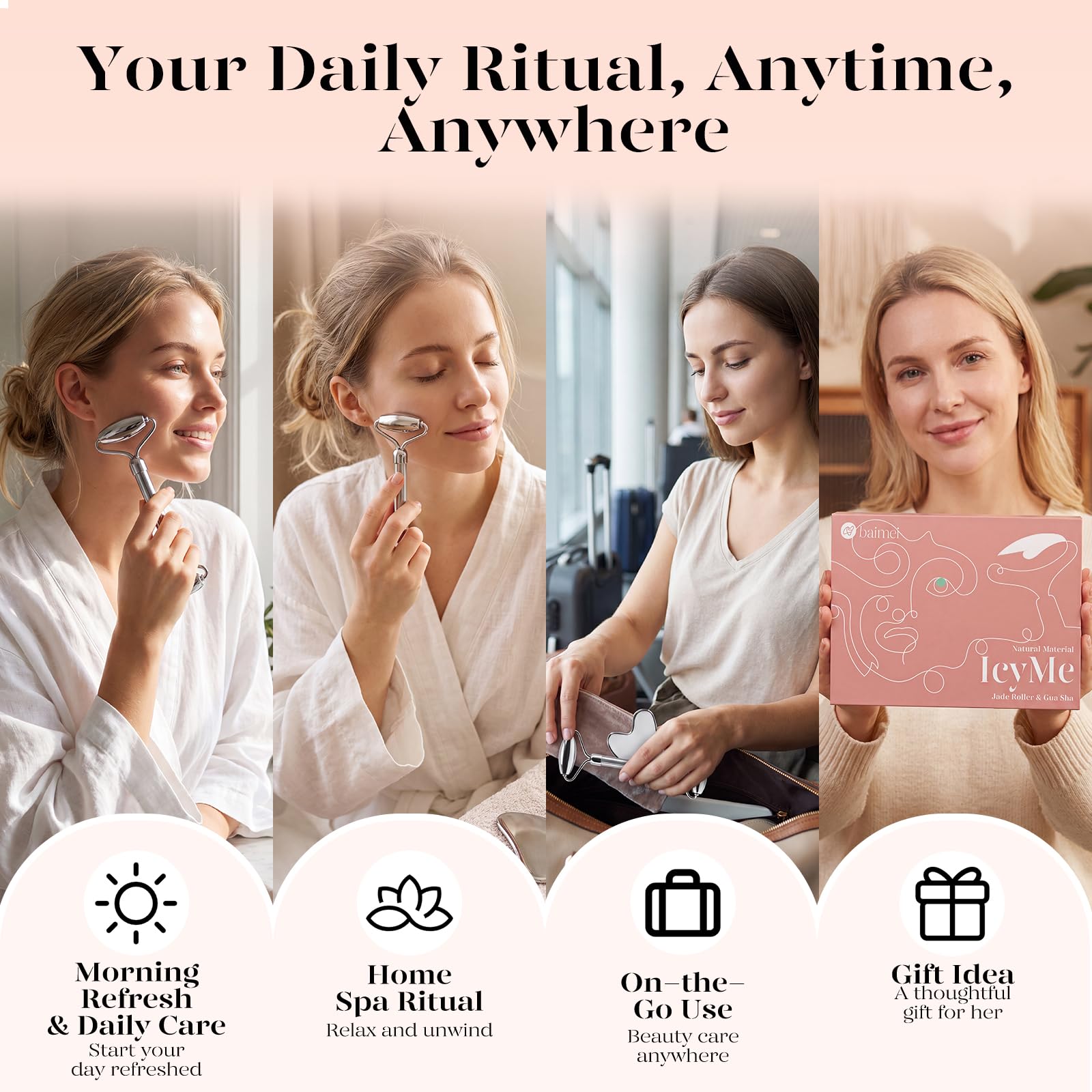 BAIMEI icyme gua sha on jawline for contouring and product spread