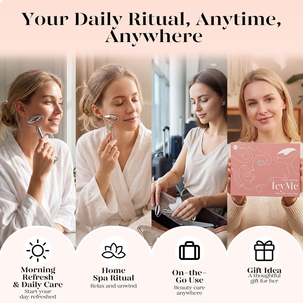 BAIMEI icyme gua sha on jawline for contouring and product spread