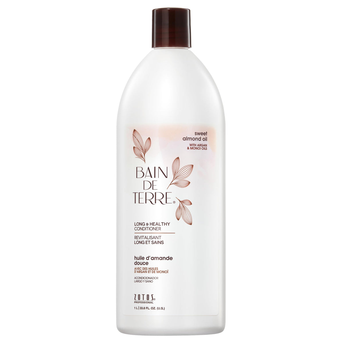 Bain de Terre front bottle showing sweet almond conditioner, highlights long-hair nourishment