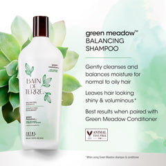 Bain de Terre shampoo pouring to show creamy lather and gentle cleansing