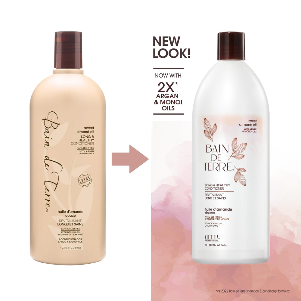 Bain de Terre conditioner pouring, demonstrating rich lather and easier detangling benefit