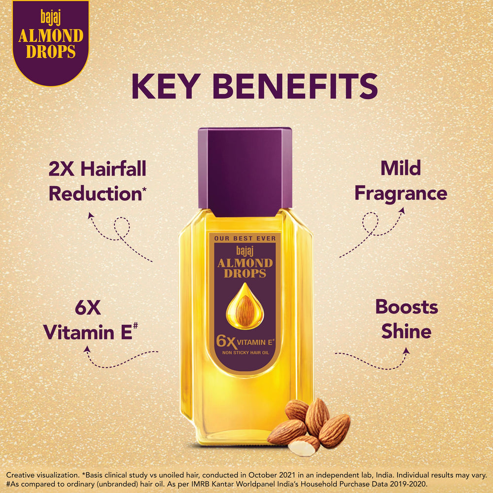 Bajaj Almond Drops before and after hair lengths showing improved shine and smoothness