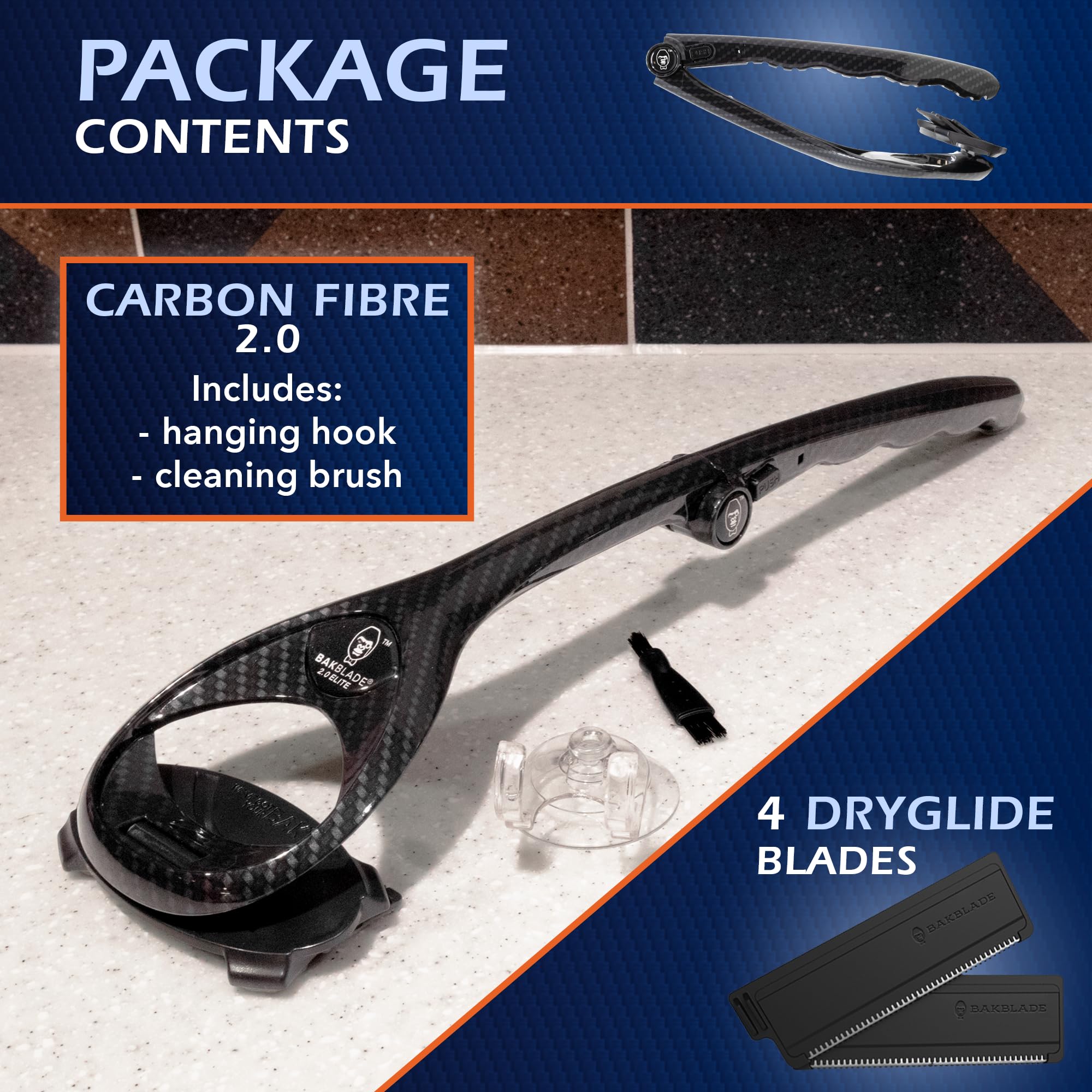 BAKBLADE packaging showing included accessories and ready-to-use back shaving kit