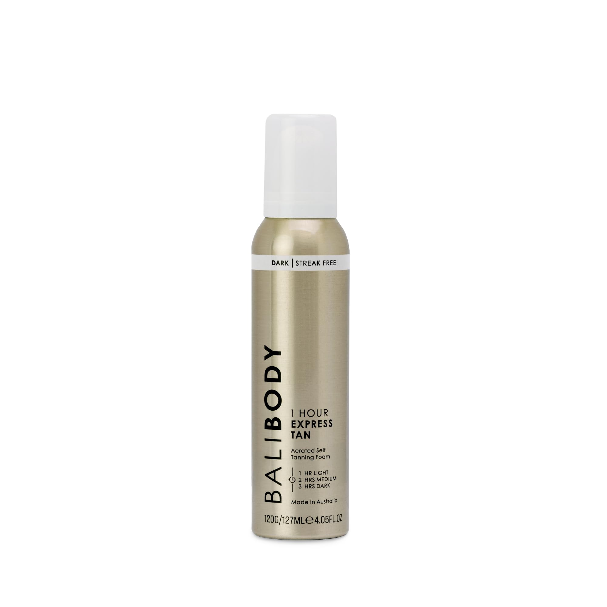 BALI BODY front packaging showing dark 1-hour express foam benefit of quick application