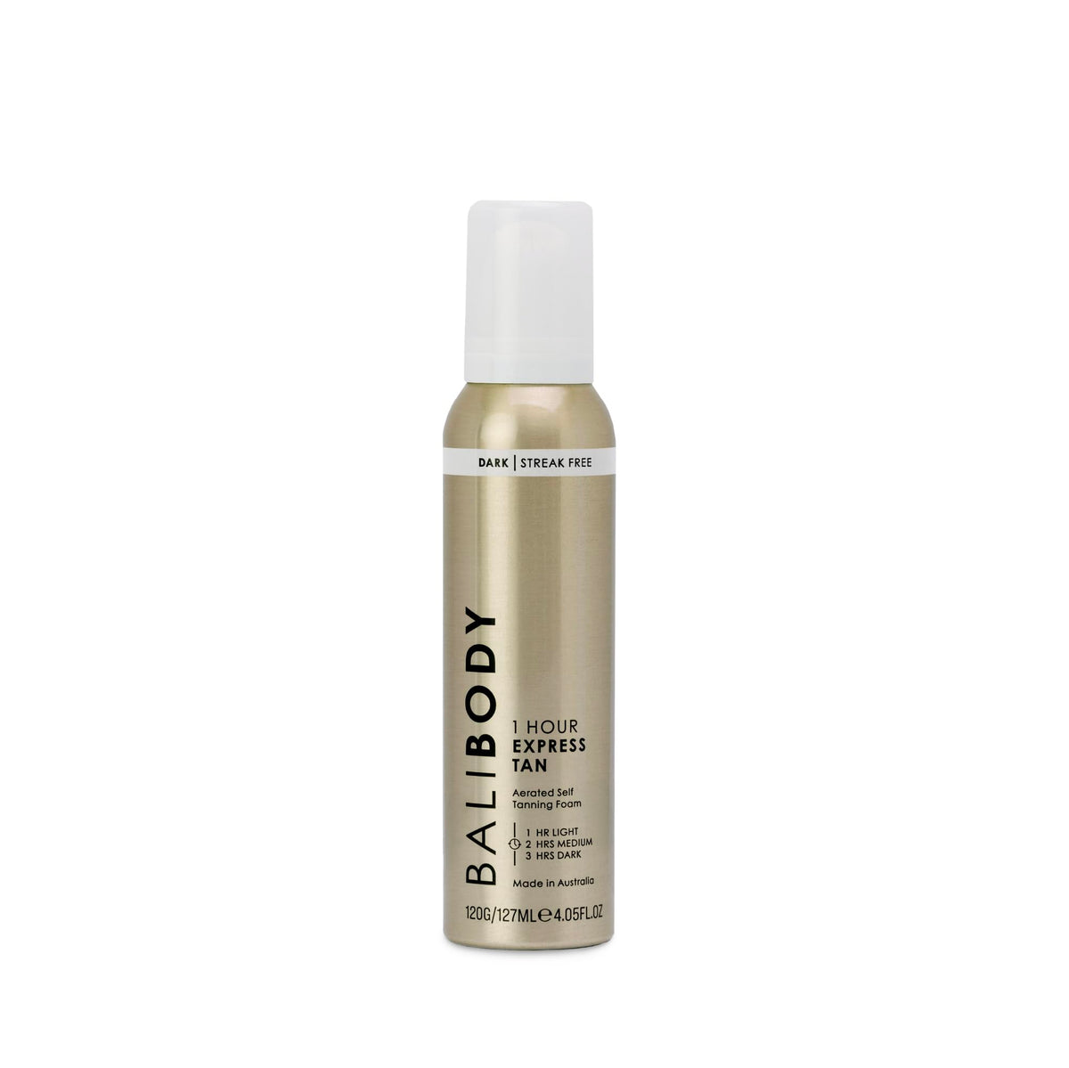 BALI BODY front packaging showing dark 1-hour express foam benefit of quick application