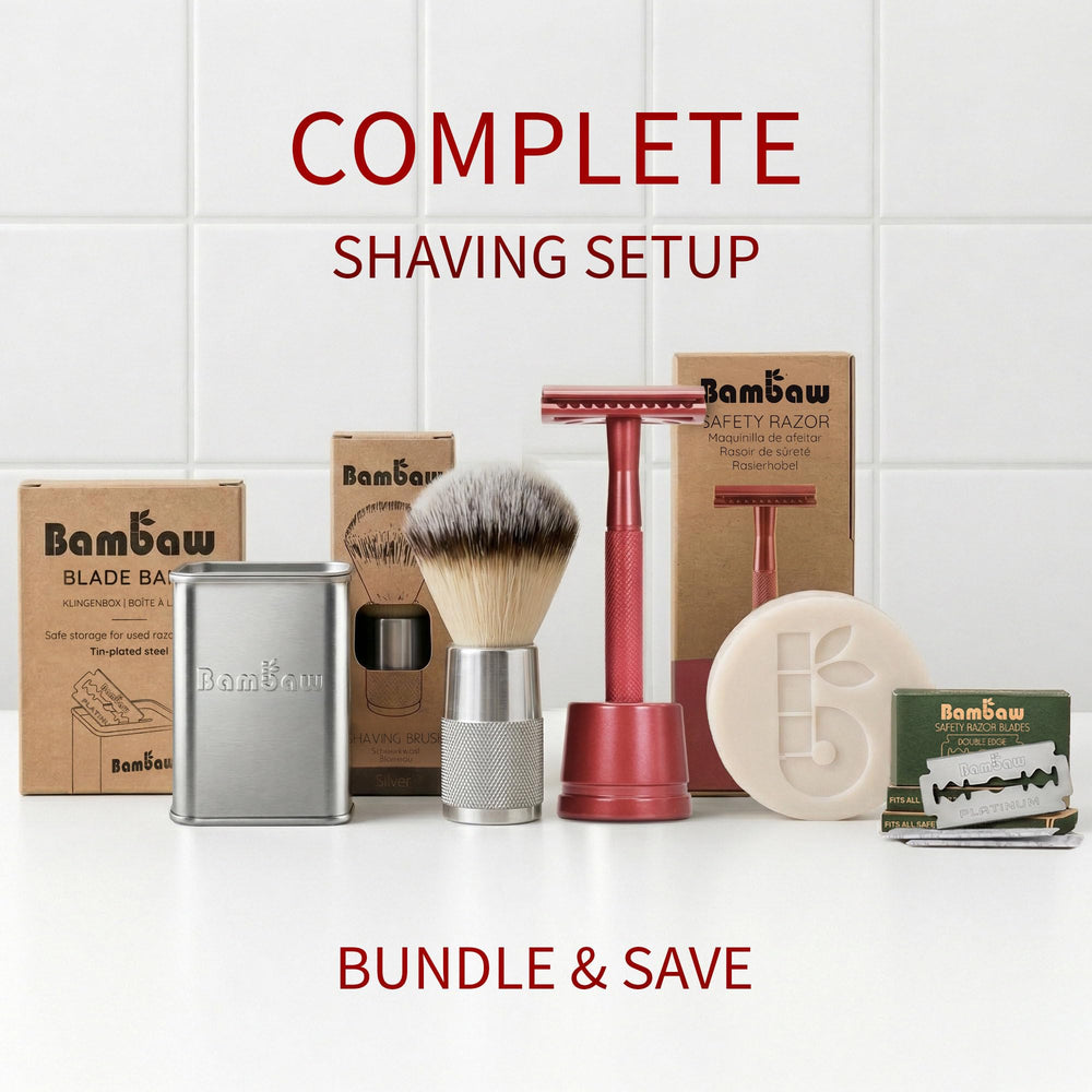 Bambaw razor styled on bathroom counter suggesting eco-friendly grooming routine